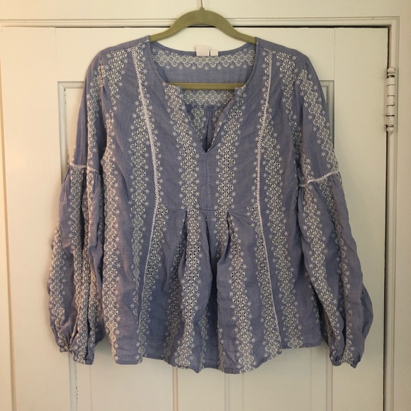 Gap Eyelet Lace Split-Neck Blouse in Chambray - Picture 4 of 8